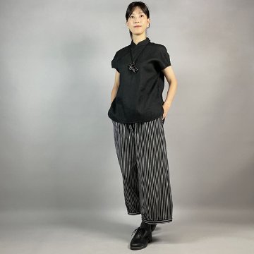【近江ちぢみ】チャイナ風フレンチブラウス 黒　麻100％の画像