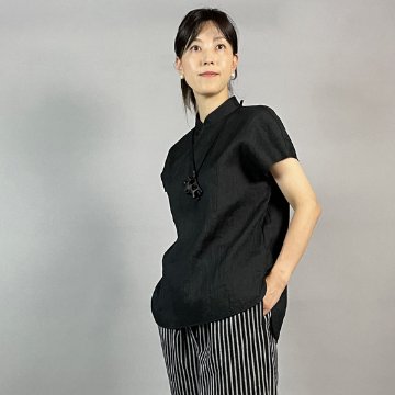 【近江ちぢみ】チャイナ風フレンチブラウス 黒　麻100％の画像