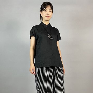 【近江ちぢみ】チャイナ風フレンチブラウス 黒　麻100％の画像