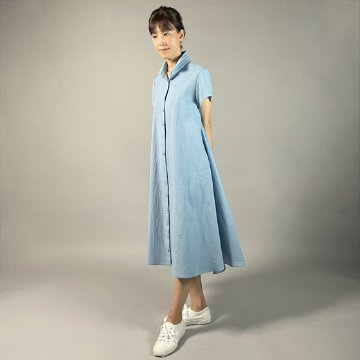 【備後絣】藍染　シャツフレアワンピース　フレンチ袖　水色の画像
