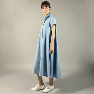 【備後絣】藍染　シャツフレアワンピース　フレンチ袖　水色の画像