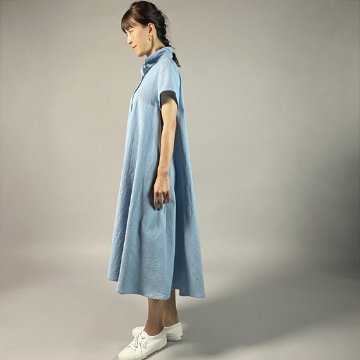 【備後絣】藍染　シャツフレアワンピース　フレンチ袖　水色の画像