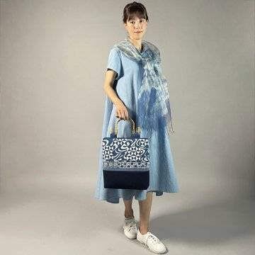 【備後絣】藍染　シャツフレアワンピース　フレンチ袖　水色の画像