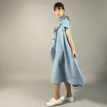 【備後絣】藍染　シャツフレアワンピース　フレンチ袖　水色の画像