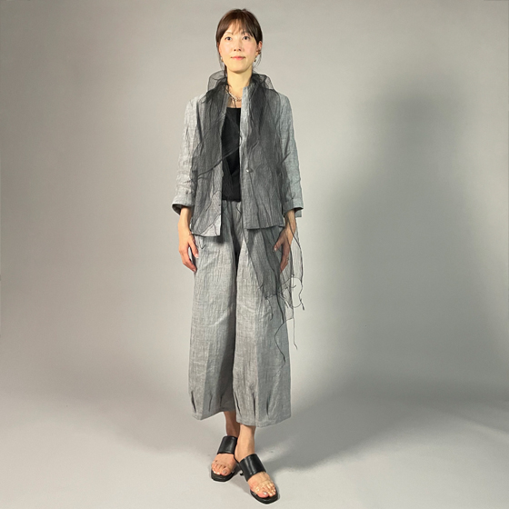 【近江の麻】麻100％　タックワイドパンツ　グレーちぢみ　の画像