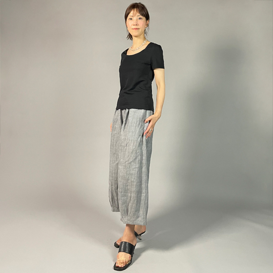 【近江の麻】麻100％　タックワイドパンツ　グレーちぢみ　の画像