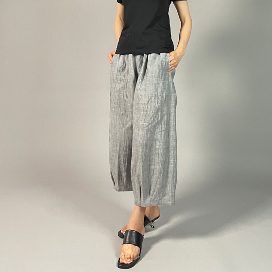 【近江の麻】麻100％　タックワイドパンツ　グレーちぢみ　の画像