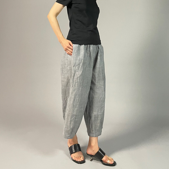 【近江の麻】麻100％　タックワイドパンツ　グレーちぢみ　の画像