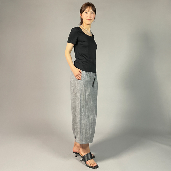 【近江の麻】麻100％　タックワイドパンツ　グレーちぢみ　の画像