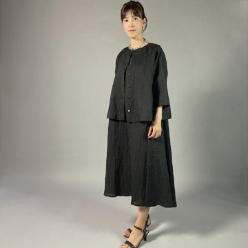 【近江ちぢみ】ノースリーブフレアワンピース　黒　麻100％の画像