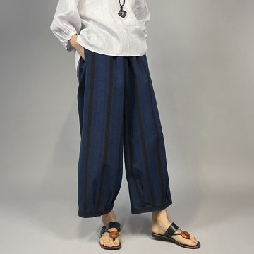 【亀田縞】ワイドタックパンツ　インディゴ変わり縞の画像