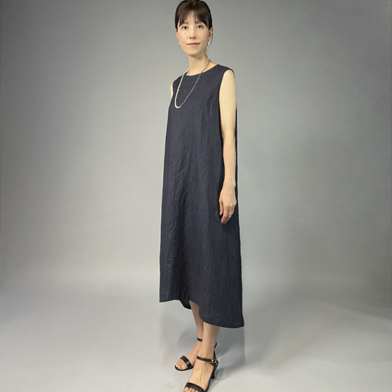 【近江の麻】 ノースリーブワンピース　濃紺（なす紺）の画像