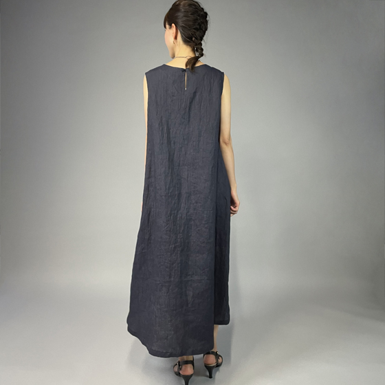 【近江の麻】 ノースリーブワンピース　濃紺（なす紺）の画像