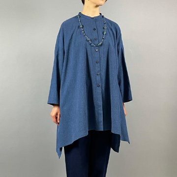 【亀田縞】ロングフレアーシャツ　ちぢみ　細縞/ブルーの画像