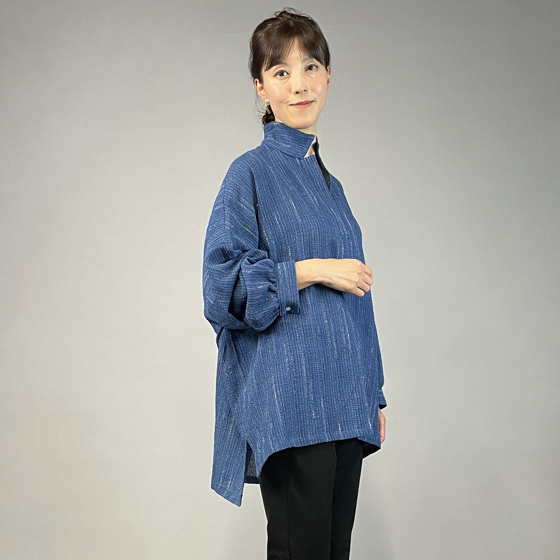 【備後絣】藍染め　ビッグシャツプルオーバー　文人絣　青の画像