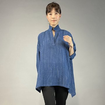 【備後絣】藍染め　ビッグシャツプルオーバー　文人絣　青の画像