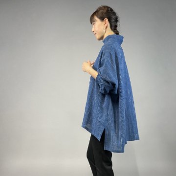 【備後絣】藍染め　ビッグシャツプルオーバー　文人絣　青の画像