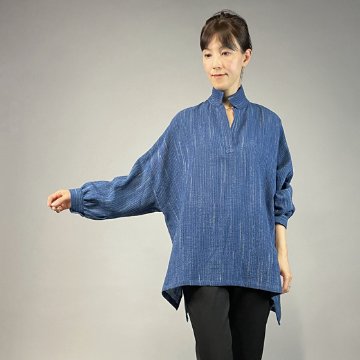 【備後絣】藍染め　ビッグシャツプルオーバー　文人絣　青の画像