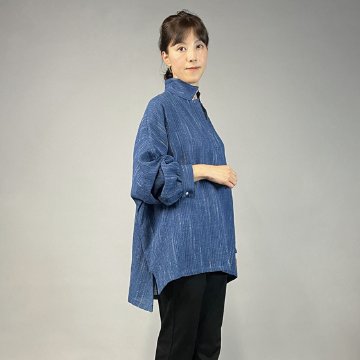 【備後絣】藍染め　ビッグシャツプルオーバー　文人絣　青の画像