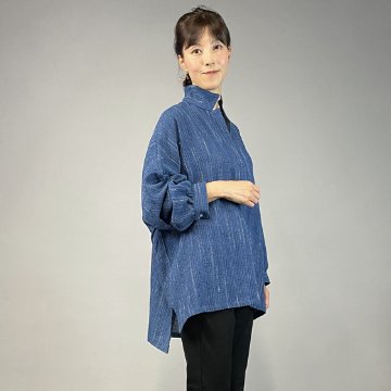 【備後絣】藍染め　ビッグシャツプルオーバー　文人絣　青の画像