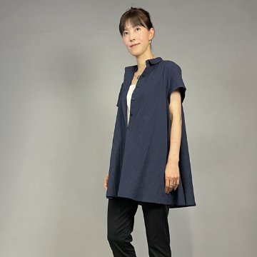 【亀田縞】シャツフレアチュニック　濃紺細縞の画像