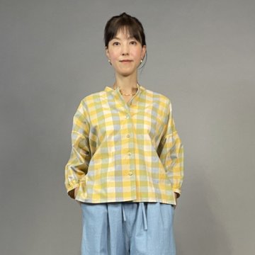 【遠州綿紬】前開きギャザー袖ブラウス　格子　檸檬の画像