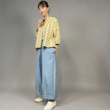 【遠州綿紬】前開きギャザー袖ブラウス　格子　檸檬の画像