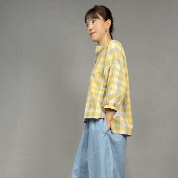 【遠州綿紬】前開きギャザー袖ブラウス　格子　檸檬の画像