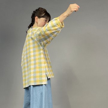 【遠州綿紬】前開きギャザー袖ブラウス　格子　檸檬の画像