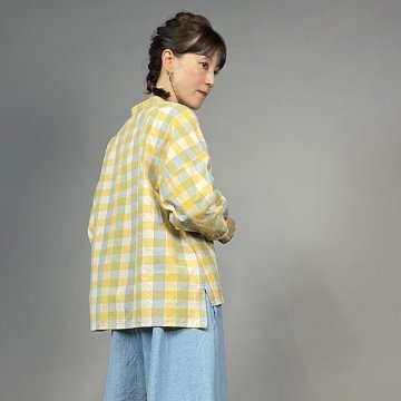 【遠州綿紬】前開きギャザー袖ブラウス　格子　檸檬の画像