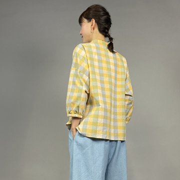 【遠州綿紬】前開きギャザー袖ブラウス　格子　檸檬の画像