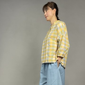 【遠州綿紬】前開きギャザー袖ブラウス　格子　檸檬の画像