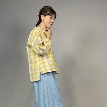 【遠州綿紬】前開きギャザー袖ブラウス　格子　檸檬の画像