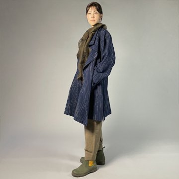 【備後絣】藍染め　フリースタイルコート　柿渋刷毛絣の画像