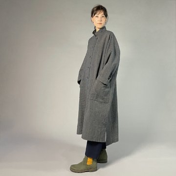 【備後絣】藍染め　ステンカラービッグコート　ダンガリーざくろ（総裏付き）の画像