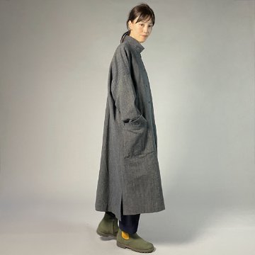 【備後絣】藍染め　ステンカラービッグコート　ダンガリーざくろ（総裏付き）の画像