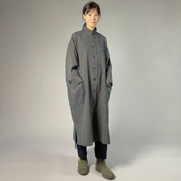 【備後絣】藍染め　ステンカラービッグコート　ダンガリーざくろ（総裏付き）の画像