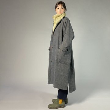 【備後絣】藍染め　ステンカラービッグコート　ダンガリーざくろ（総裏付き）の画像