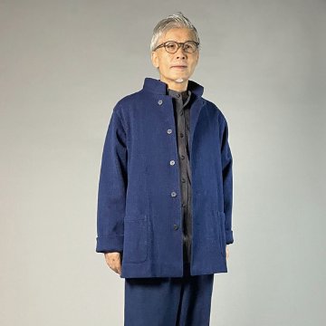 【備後絣】藍染め/刺し織り　ステンカラージャケット　男女兼用　総裏付きの画像