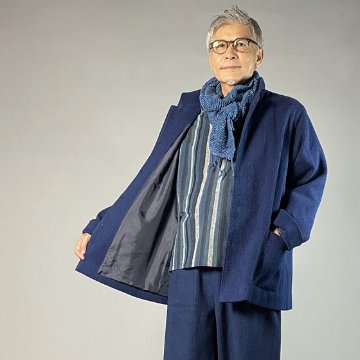 【備後絣】藍染め/刺し織り　ステンカラージャケット　男女兼用　総裏付きの画像