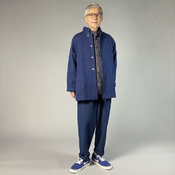 【備後絣】藍染め/刺し織り　ステンカラージャケット　男女兼用　総裏付きの画像