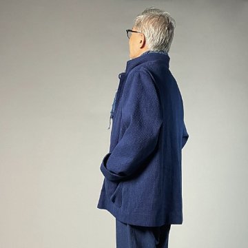 【備後絣】藍染め/刺し織り　ステンカラージャケット　男女兼用　総裏付きの画像