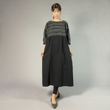 【遠州綿紬】バルーンワンピース　薫風（くんぷう）×　すみ黒無地の画像
