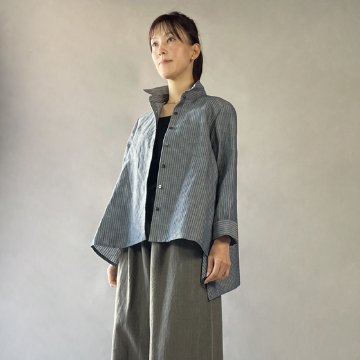 【亀田縞】テントショートシャツブラウス　ブルーグレー縞　綿・麻の画像