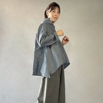 【亀田縞】テントショートシャツブラウス　ブルーグレー縞　綿・麻の画像