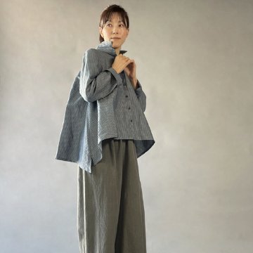 【亀田縞】テントショートシャツブラウス　ブルーグレー縞　綿・麻の画像