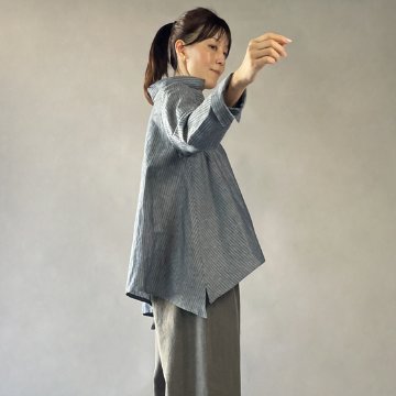 【亀田縞】テントショートシャツブラウス　ブルーグレー縞　綿・麻の画像