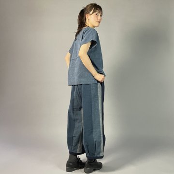 【遠州綿紬】バルーンパンツ　あらし4－青の画像