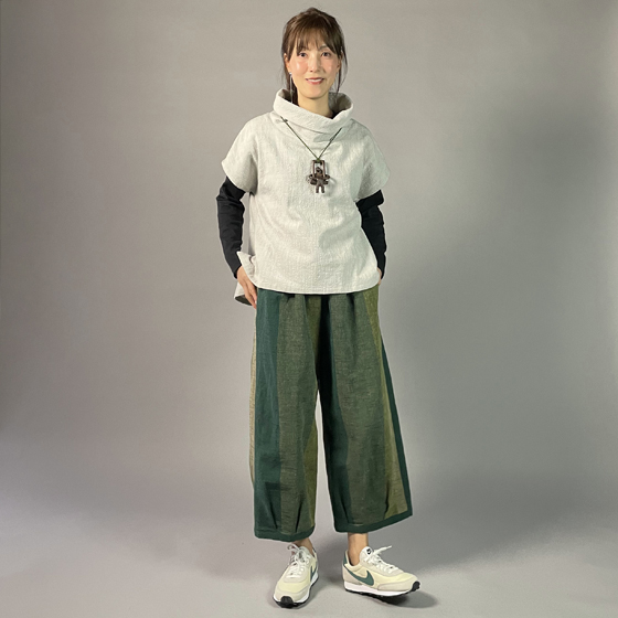 【遠州綿紬】　綿麻　バルーンパンツ　あらし４－緑の画像