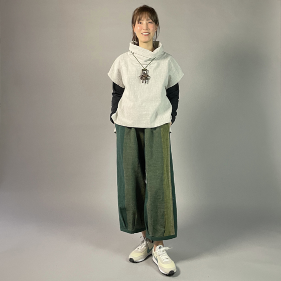 【遠州綿紬】　綿麻　バルーンパンツ　あらし４－緑の画像
